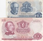 Norway, 10-100 Kroner, VF, (Total 2 banknotes)
10 Kroner, 1976, p36b; 100 Kroner,1962, p38a
Serial Number: AI 5197757, A 4466618
Estimate: 40-80 US...