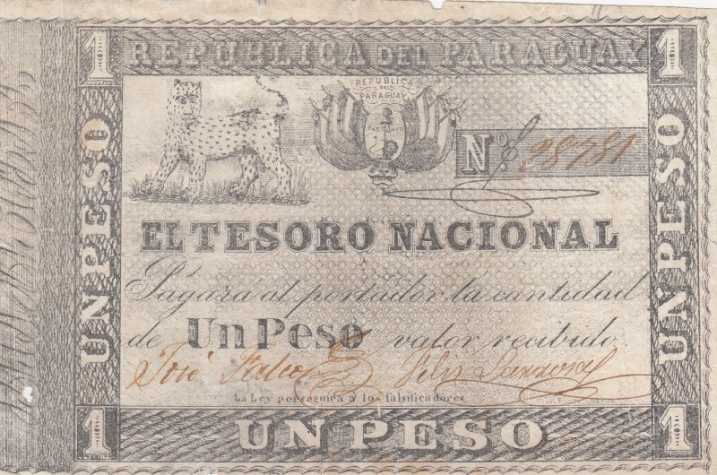 Paraguay, 1 Peso, 1860, FINE, p11 
There is a hole on it.
Serial Number: 28781...