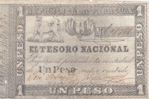 Paraguay, 1 Peso, 1860, FINE, p11 
There is a hole on it.
Serial Number: 28781
Estimate: 100-200 USD