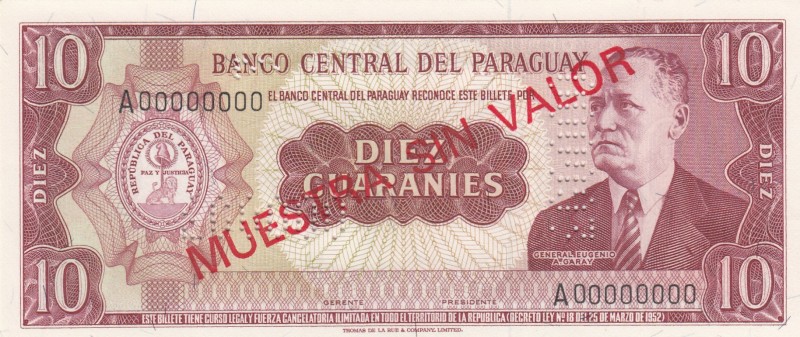 Paraguay, 10 Guaranies, 1952, UNC, p196s, SPECIMEN
Serial Number: A 00000000
E...