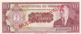 Paraguay, 10 Guaranies, 1952, UNC, p196s, SPECIMEN
Serial Number: A 00000000
Estimate: 125-250 USD