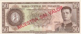 Paraguay, 50 Guaranies, 1952, UNC, p197s, SPECIMEN
Serial Number: A 00000000
Estimate: 150-300 USD