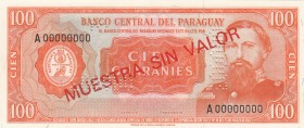 Paraguay, 100 Guaranies, 1952, UNC, p198s, SPECIMEN
Serial Number: A 00000000
Estimate: 175-350 USD