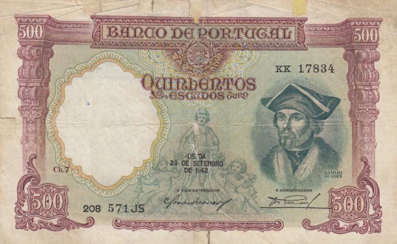 Portugal, 500 Escudos, 1942, FINE, p155 
There are bands in many parts.
Serial...