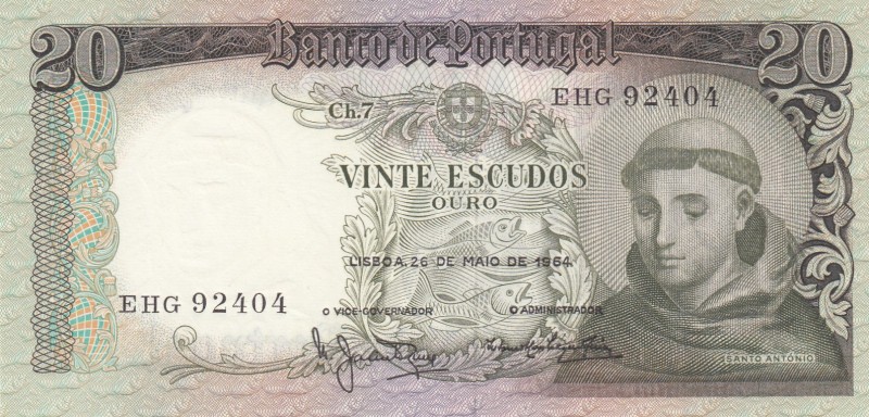 Portugal, 20 Escudos, 1964, AUNC, p167a 
Serial Number: EHG 92404
Estimate: 10...