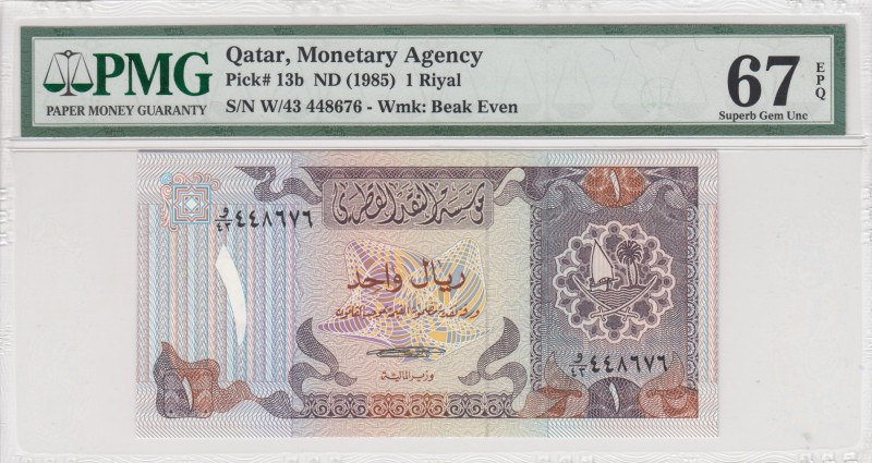 Qatar, 1 Riyal, 1985, UNC, p13b, High Condition
PMG 67 EPQ
Serial Number: W/43...