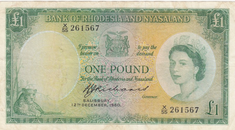 Rhodesia & Nyasaland, 1 Pound, 1960, VF, p21b 
Portrait of Queen Elizabeth II
...