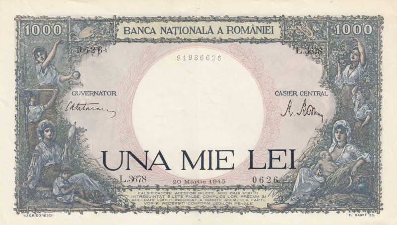 Romania, 1.000 Lei, 1945, AUNC (-), p52a 
Serial Number: L.3678 0626
Estimate:...