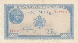 Romania, 5.000 Lei, 1944, VF, p56a 
Serial Number: D/2 0046272
Estimate: 15-30 USD