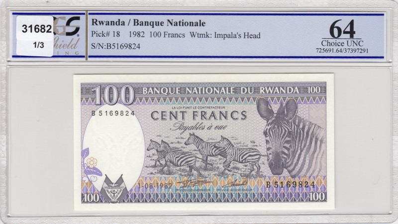 Rwanda, 100 Francs, 1982, UNC, p18 
PCGS 64
Serial Number: B5169824
Estimate:...
