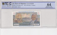 Saint Pierre & Miquelon, 5 Francs, 1950-60, UNC, p22 
PCGS 64
Serial Number: C.81 16616
Estimate: 75-150 USD