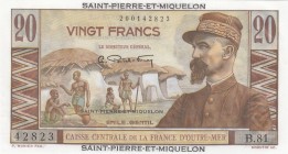 Saint Pierre & Miquelon, 20 Francs, 1950/1960, UNC, p24 
Serial Number: B.81 42823
Estimate: 75-150 USD