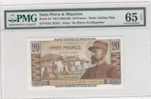 Saint Pierre & Miquelon, 20 Francs, 1950-60, UNC, p24 
PMG 65 EPQ
Serial Number: B.81 42151
Estimate: 150-300 USD
