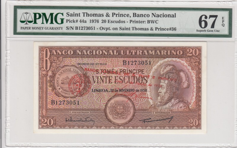 Saint Thomas & Prince, 20 Escudos, 1976, UNC, p44a 
PMG 67 EPQ
Serial Number: ...