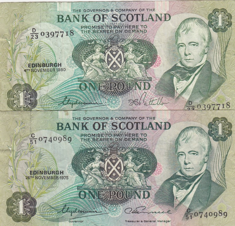 Scotland, 1 Pound, 1975, VF, p111c, (Total 2 banknotes)
Portrait of Queen Eliza...