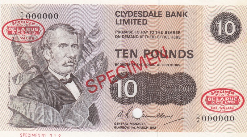 Scotland, 10 Pounds, 1972, UNC, p207s, SPECIMEN
There are stain.
Serial Number...