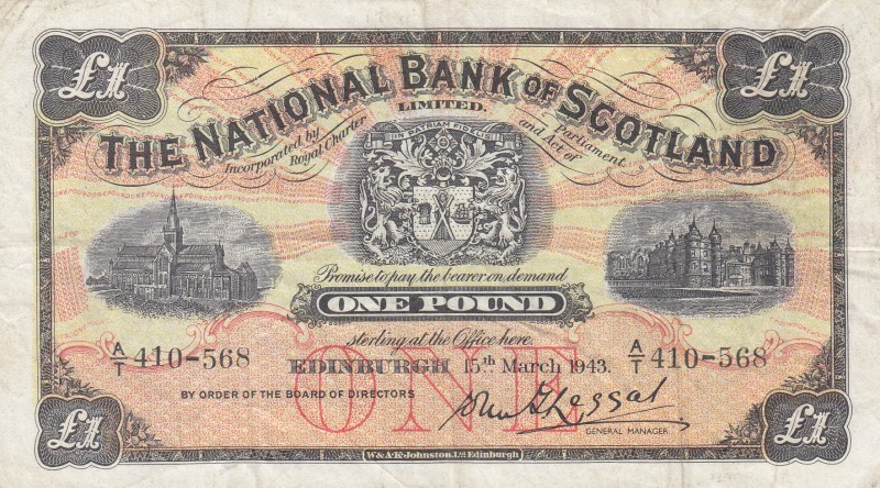 Scotland, 1 Pound, 1943, VF, p258b 
Serial Number: A/T 410-568
Estimate: 25-50...