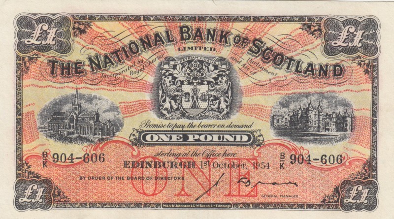 Scotland, 1 Pound, 1954, AUNC, p258c 
Serial Number: B/K 904-606
Estimate: 30-...