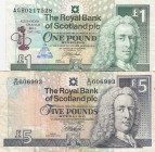 Scotland, 1-5 Pounds, VF, p352, (Total 2 banknotes)
1 Pound, 1977, p352c; 5 Pounds, 1899, p352b
Serial Number: AGB0217528, B/58 606993
Estimate: 15...