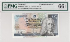 Scotland, 5 Pounds, 2002, UNC, p362 
PMG 66 EPQ
Serial Number: TQGJ0005422
Estimate: 80-160 USD