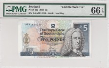 Scotland, 5 Pounds, 2004, UNC, p363 
PMG 66 EPQ
Serial Number: R&A 1614230
Estimate: 45-90 USD