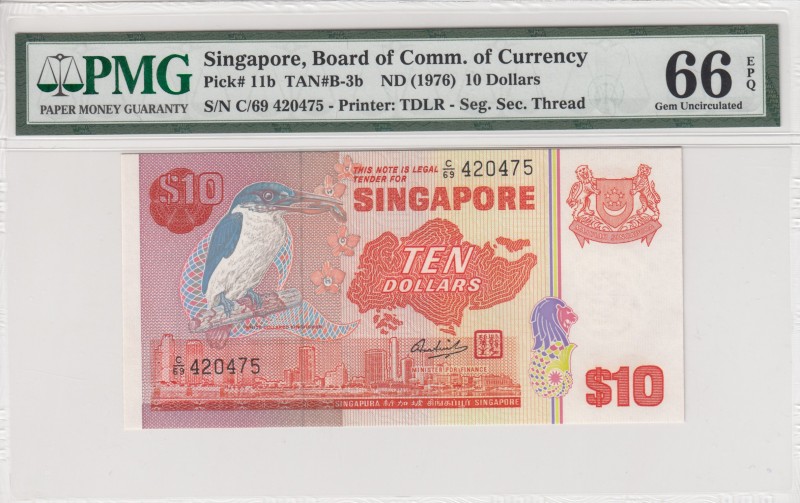 Singapore, 10 Dollars, 1976, UNC, p11b 
PMG 66 EPQ
Serial Number: C/69 420475...