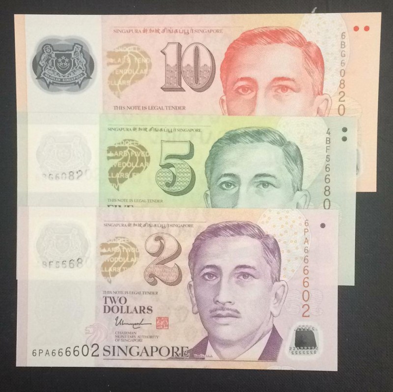 Singapore, 2-5-10 Dollars, 2005, UNC, (Total 3 banknotes)
Polymer Plastic Bankn...