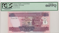 Solomon Islands, 10 Dollars, 1996, UNC, p20 
PCGS 66 PPQ
Serial Number: C/1 003134
Estimate: 25-50 USD