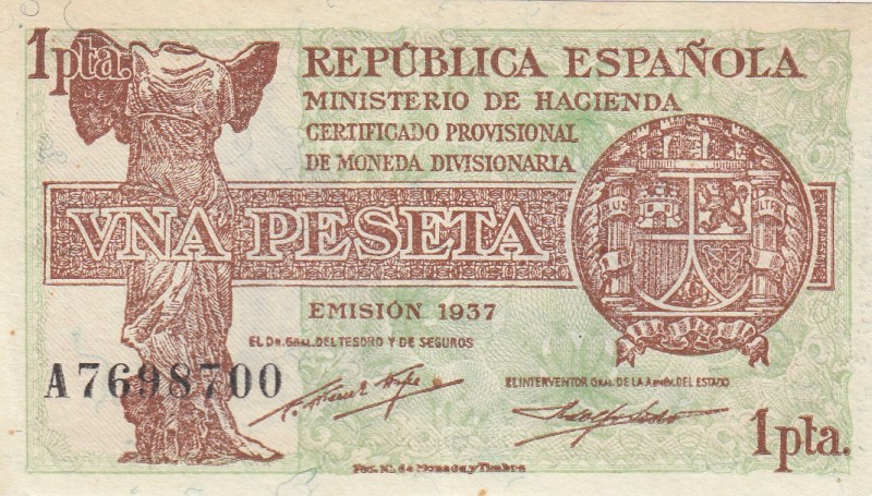 Spain, 1 Peseta, 1937, XF, p54 
Serial Number: A7698700
Estimate: 15-30 USD