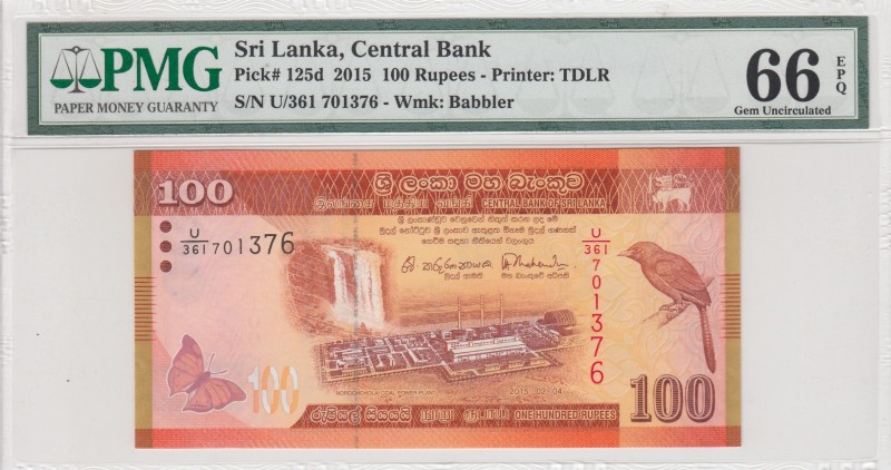 Sri Lanka, 100 Rupees, 2015, UNC, p125d 
PMG 66 EPQ
Serial Number: U/361 70137...