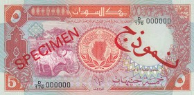 Sudan, 5 Pounds, 1991, UNC, p45s, SPECIMEN
Serial Number: D/176 000000
Estimate: 40-80 USD
