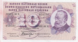 Switzerland, 10 Franken, 1973, XF, p45 
There are stain.
Serial Number: 88X 058587
Estimate: 25-50 USD