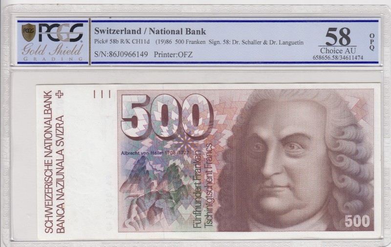 Switzerland, 500 Franken, 1986, AUNC, p58b 
PCGS 58 OPQ
Serial Number: 86J0966...