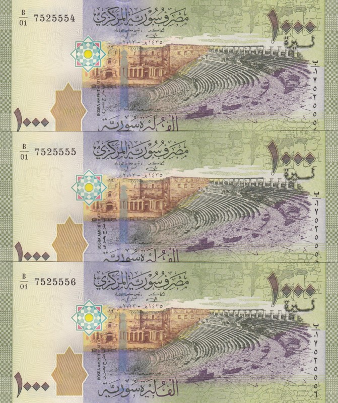Syria, 1.000 Pounds, 2013, UNC, p116, (Total 3 consecutive banknotes)
B/01 seri...