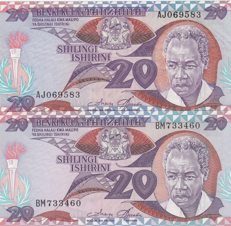 Tanzania, 20 Shilingi, 1985, p9, (Total 2 banknotes)
20 Shilingi, VF; 20 Shilin...