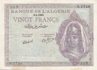 Tunisia, 20 Francs, 1945, XF, p18, There are stain.
Serial Number: G.1746 219
Estimate: 25-50 USD