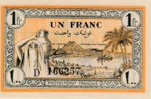 Tunisia, 1 Franc, 1943, AUNC, p55 
Serial Number: D 166257
Estimate: 25-50 USD