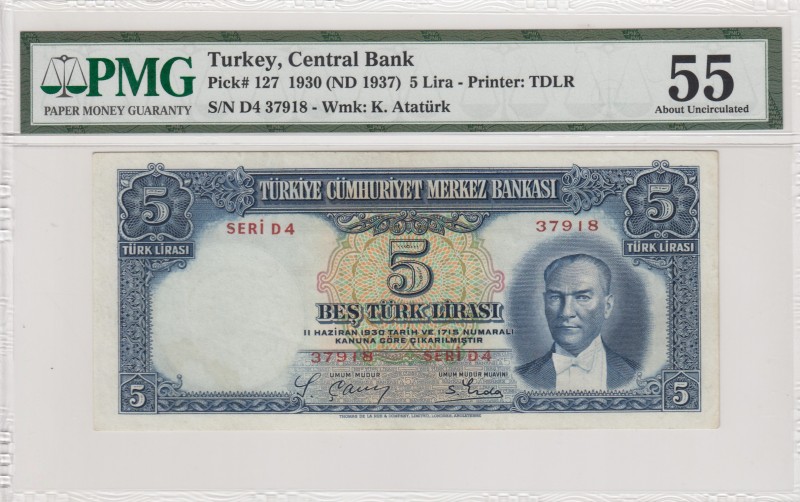 Turkey, 5 Lira, 1937, AUNC, p127, 2. Emission
PMG 55
Serial Number: D4 37918
...