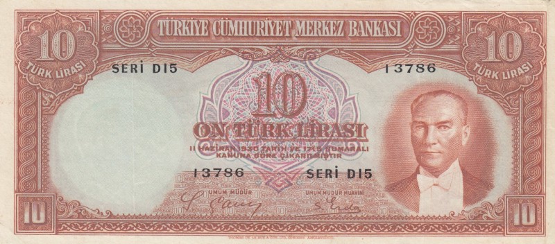 Turkey, 10 Lira, 1938, XF, p128, 2. Emission
Serial Number: D15 I3786
Estimate...