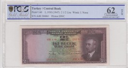 Turkey, 2 1/2 Lira, 1947, UNC, p140, 3. Emission
PCGS 62 OPQ
Serial Number: A48 206861
Estimate: 750-1500 USD
