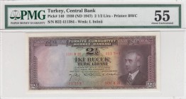 Turkey, 2 1/2 Lira, 1947, AUNC, p140, 3. Emission
PMG 55
Serial Number: B22 411384
Estimate: 100-200 USD