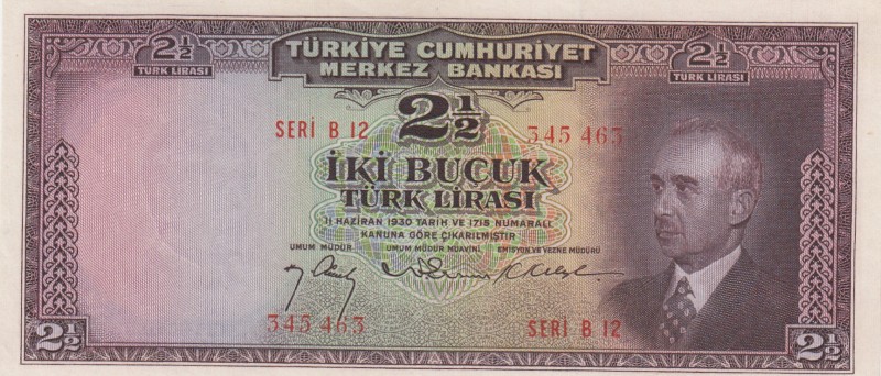 Turkey, 2 1/2 Lira, 1947, XF, p140, 3. Emission
Serial Number: B12 345463
Esti...