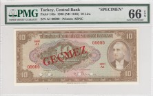 Turkey, 10 Lira, 1948, UNC, p148s, SPECIMEN
PMG 66 EPQ
Serial Number: A01 000000
Estimate: 200-400 USD