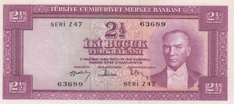 Turkey, 2 1/2 Lira, 1957, UNC, p152 
5.Emission
Serial Number: Z47 63689
Esti...