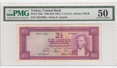 Turkey, 2 1/2 Lira, 1957, AUNC, p152a, 5. Emission
PMG 50
Serial Number: V39 07684
Estimate: 100-200 USD