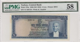 Turkey, 5 Lira, 1952, AUNC, p154a, 5. Emission
PMG 58
Serial Number: A1 265124
Estimate: 100-200 USD