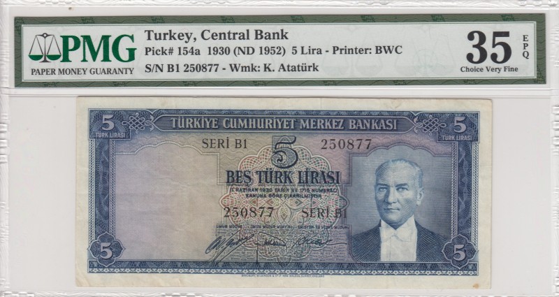 Turkey, 5 Lira, 1952, VF, p154a, 5. Emission
PMG 35 EPQ
Serial Number: B1 2508...