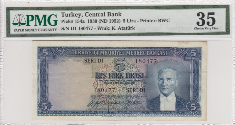 Turkey, 5 Lira, 1952, VF, p154a, 5. Emission
PMG 35
Serial Number: D1 180477
...