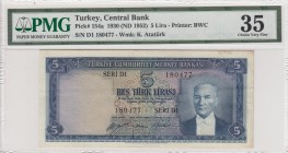 Turkey, 5 Lira, 1952, VF, p154a, 5. Emission
PMG 35
Serial Number: D1 180477
Estimate: 60-120 USD