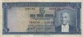Turkey, 5 Lira, 1952, FINE, p154 
5.Emission
Serial Number: B11 066859
Estimate: 30-60 USD